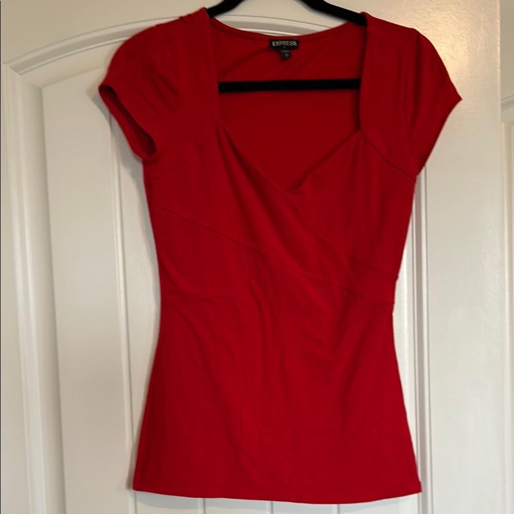 Express Red Fitted Wrap Blouse
